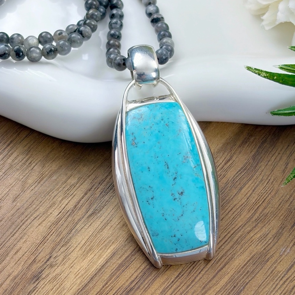 Chunky Large Vintage Southwest Boho Sterling Silver 925 Turquoise Pendant - Picture 2 of 11